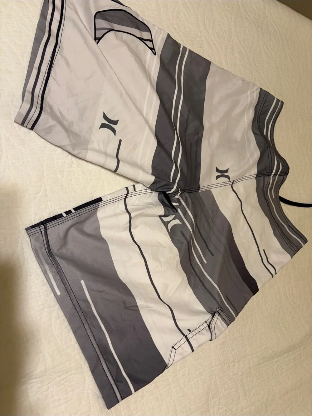 Hurley White and Gray Striped Swim Shorts